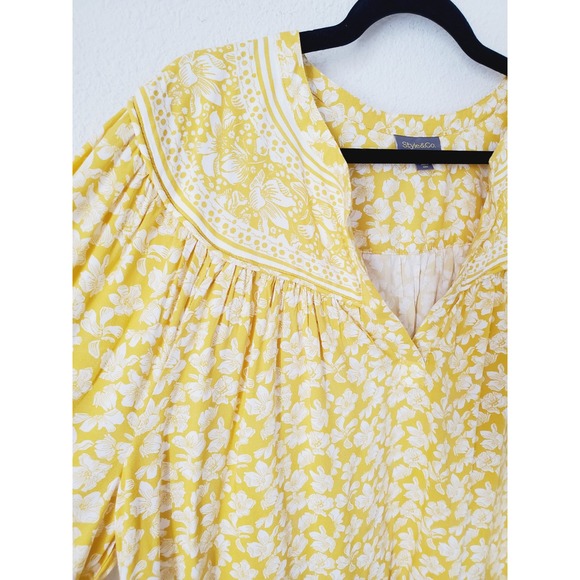 Style & Co Womens 2X Yellow White Floral Rayon Boho Blouse Peasant Top - Picture 3 of 10